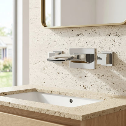 Lagomel waterfall wall-mount bathroom faucet in chrome, set in a Contemporary bathroom