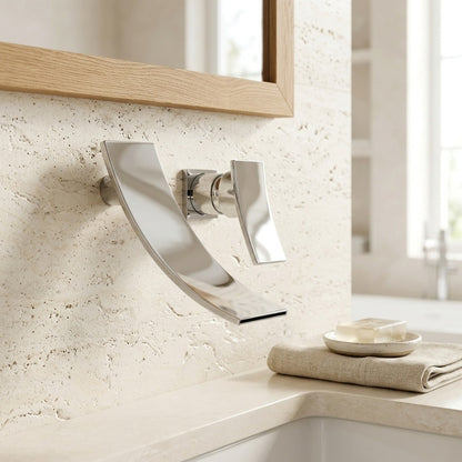 Lagomel waterfall single-handle wall-mount bathroom faucet in chrome, set in a Contemporary bathroom