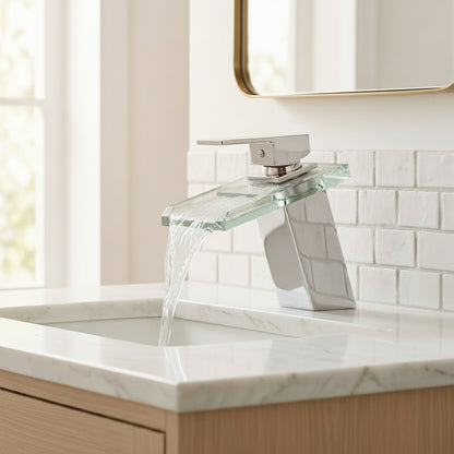 Lagomel waterfall single-hole bathroom faucet in chrome, set in a Modern/Contemporary bathroom
