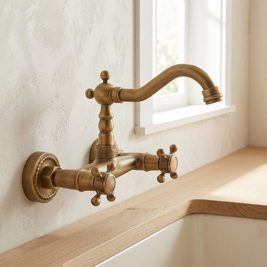 Lagomel wall-mount kitchen faucet in antique brass, set in a Traditional/Classic kitchen