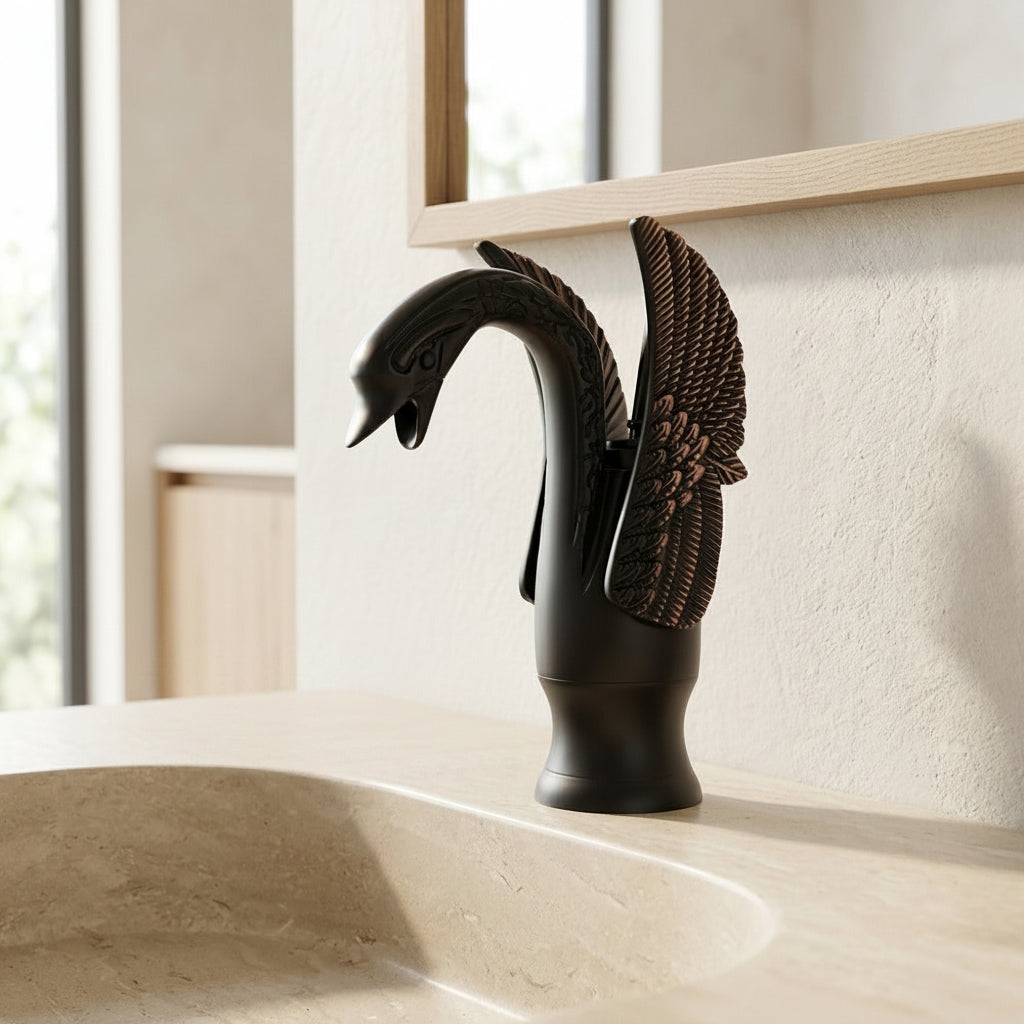 Lagomel single-hole bathroom faucet in oil-rubbed bronze, antique brass, two-tone / mixed finish, chrome, polished gold,, set in a Vintage/Retro/Art Deco bathroom