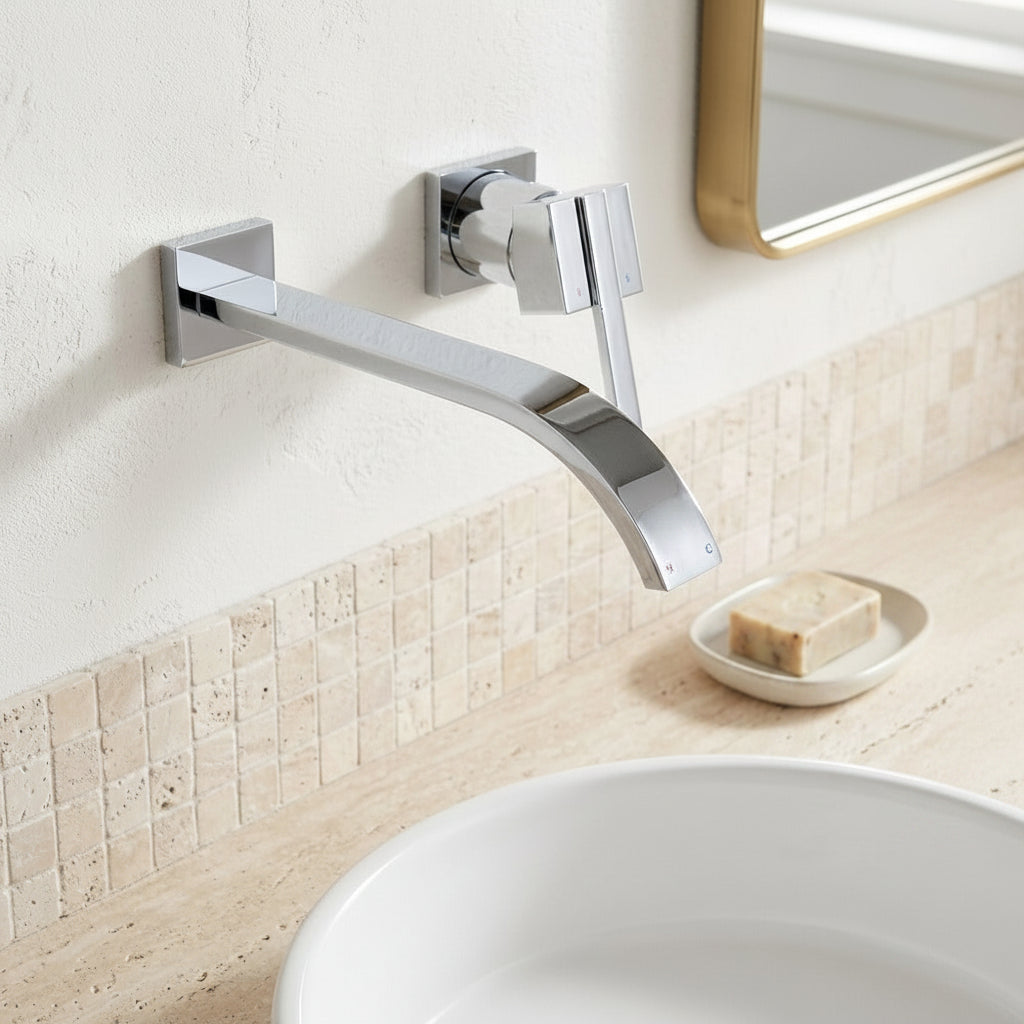 Lagomel waterfall single-handle wall-mount bathroom faucet in chrome, set in a Contemporary bathroom