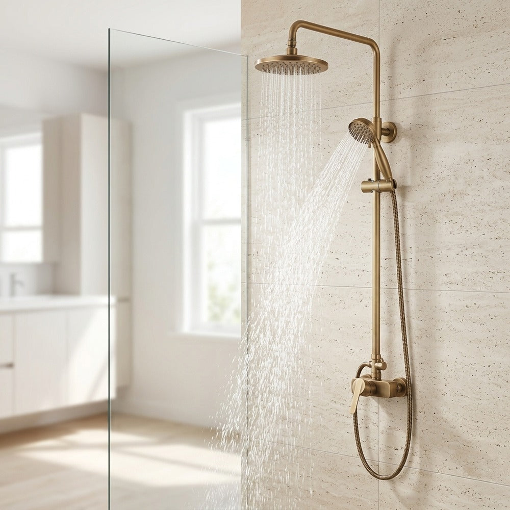 Lagomel wall-mounted complete shower system in antique brass, set in a Traditional/Classic/Vintage/Retro bathroom
