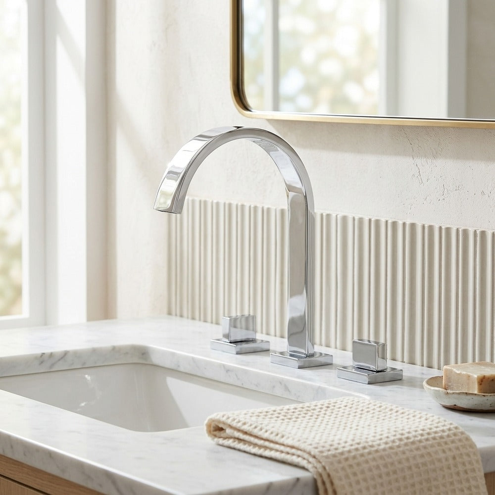 Lagomel waterfall widespread bathroom faucet in chrome, set in a Contemporary/Modern bathroom