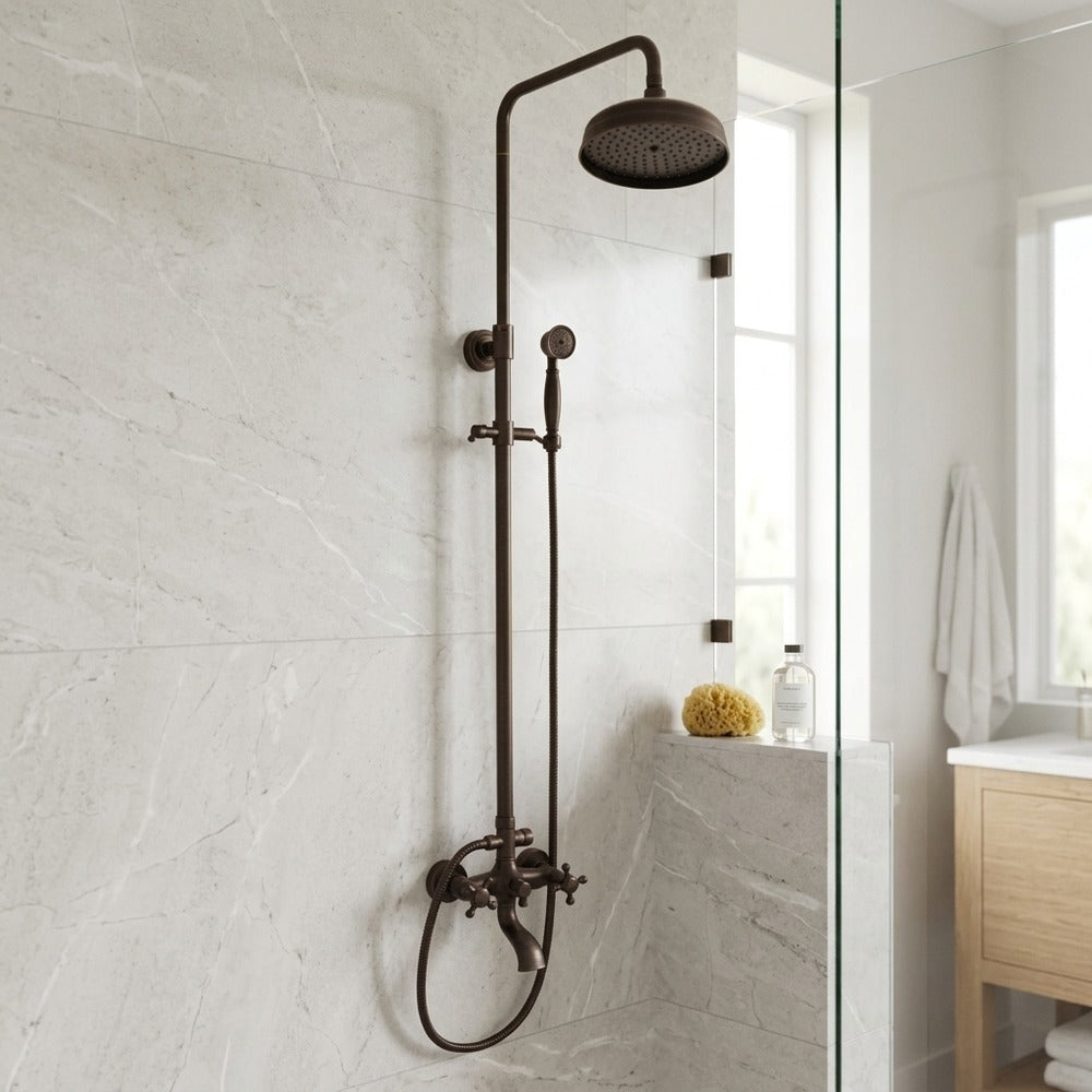 Lagomel wall-mounted tub and shower system in oil-rubbed bronze, set in a Traditional/Classic bathroom