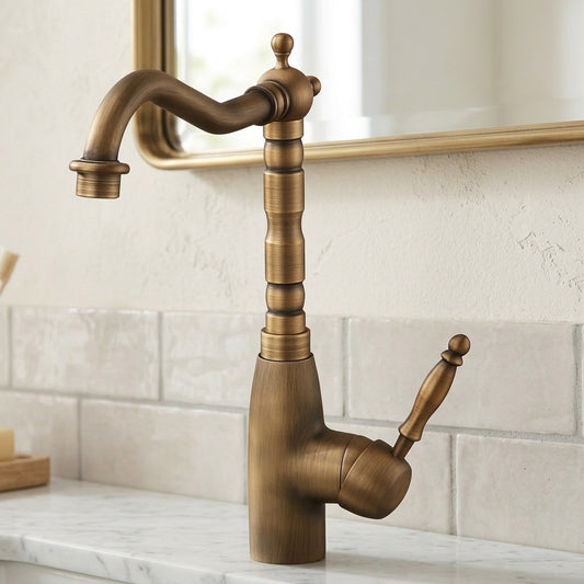 Lagomel single-handle kitchen faucet in antique brass, set in a Modern/Contemporary kitchen