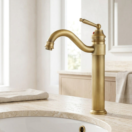 Lagomel single-hole single-handle vessel sink faucet in antique brass, set in a Traditional/Classic/Vintage/Retro bathroom