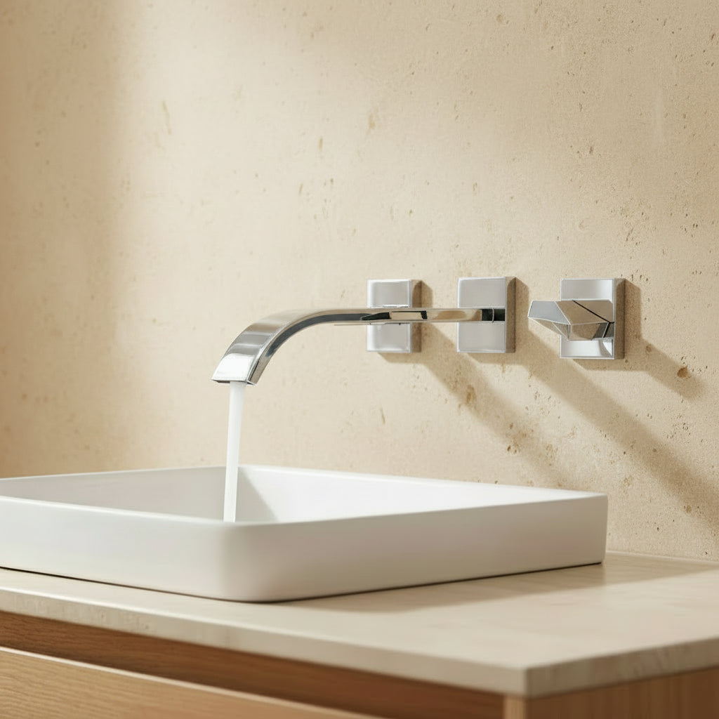 Lagomel waterfall wall-mount bathroom faucet in chrome, set in a Contemporary bathroom
