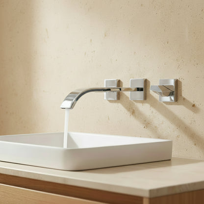 Lagomel waterfall wall-mount bathroom faucet in chrome, set in a Contemporary bathroom