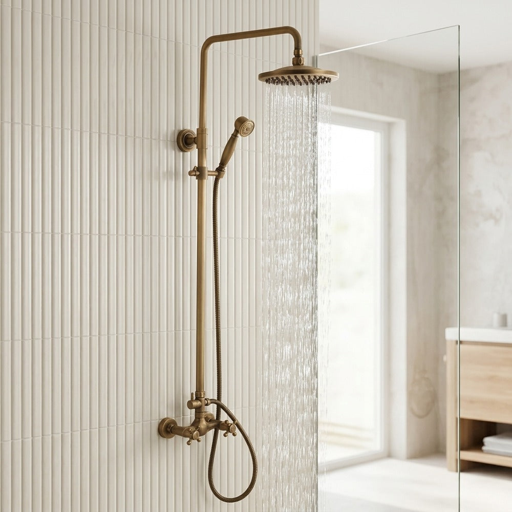 Lagomel wall-mounted complete shower system in antique brass, set in a Traditional/Classic/Vintage/Retro bathroom