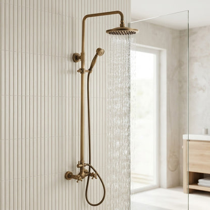 Lagomel wall-mounted complete shower system in antique brass, set in a Traditional/Classic/Vintage/Retro bathroom