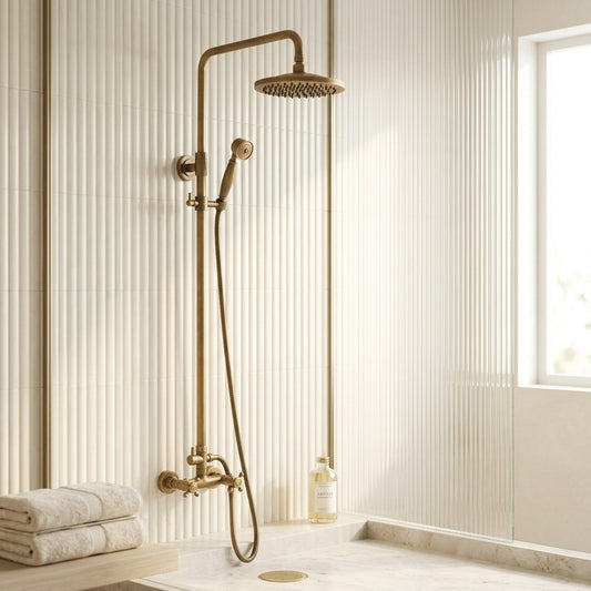 Lagomel wall-mounted tub and shower system in antique brass, set in a Vintage/Retro bathroom