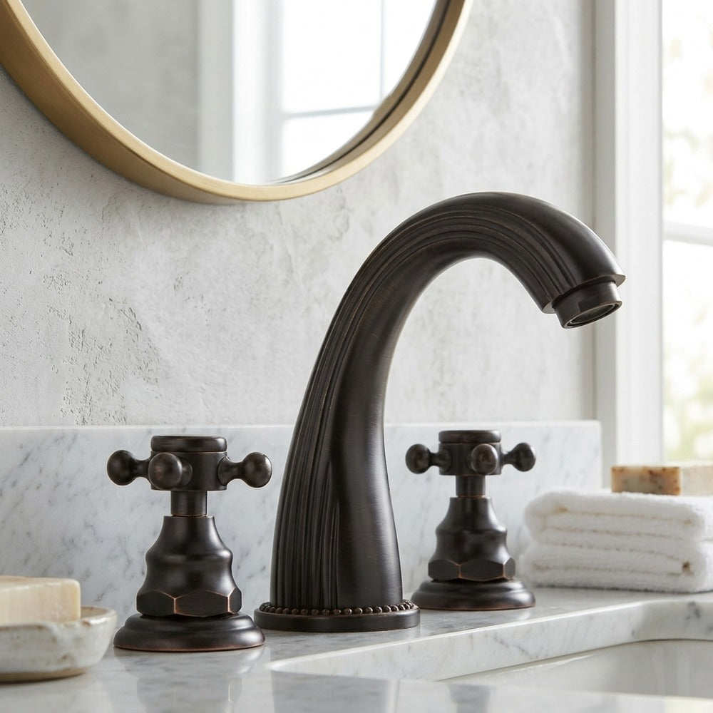 Lagomel two-handle widespread bathroom faucet, set in a Vintage/Retro/Traditional/Classic bathroom