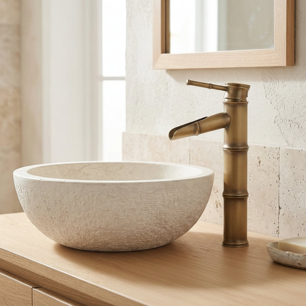Lagomel single-hole single-handle vessel sink faucet in antique brass, set in a Traditional/Classic/Vintage/Retro bathroom