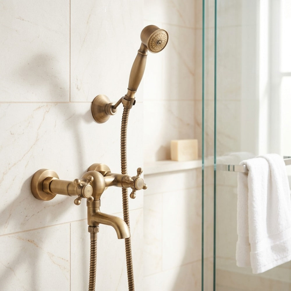 Lagomel wall-mounted shower faucet in antique brass, set in a Traditional/Classic/Vintage/Retro bathroom