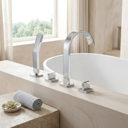 Lagomel waterfall deck-mount tub filler in chrome, set in a Modern/Contemporary bathroom