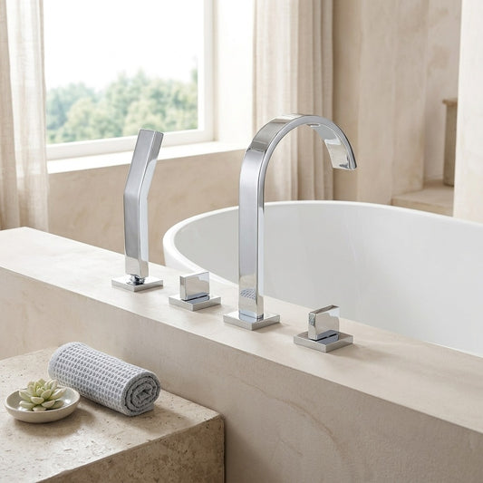 Lagomel waterfall deck-mount tub filler in chrome, set in a Modern/Contemporary bathroom