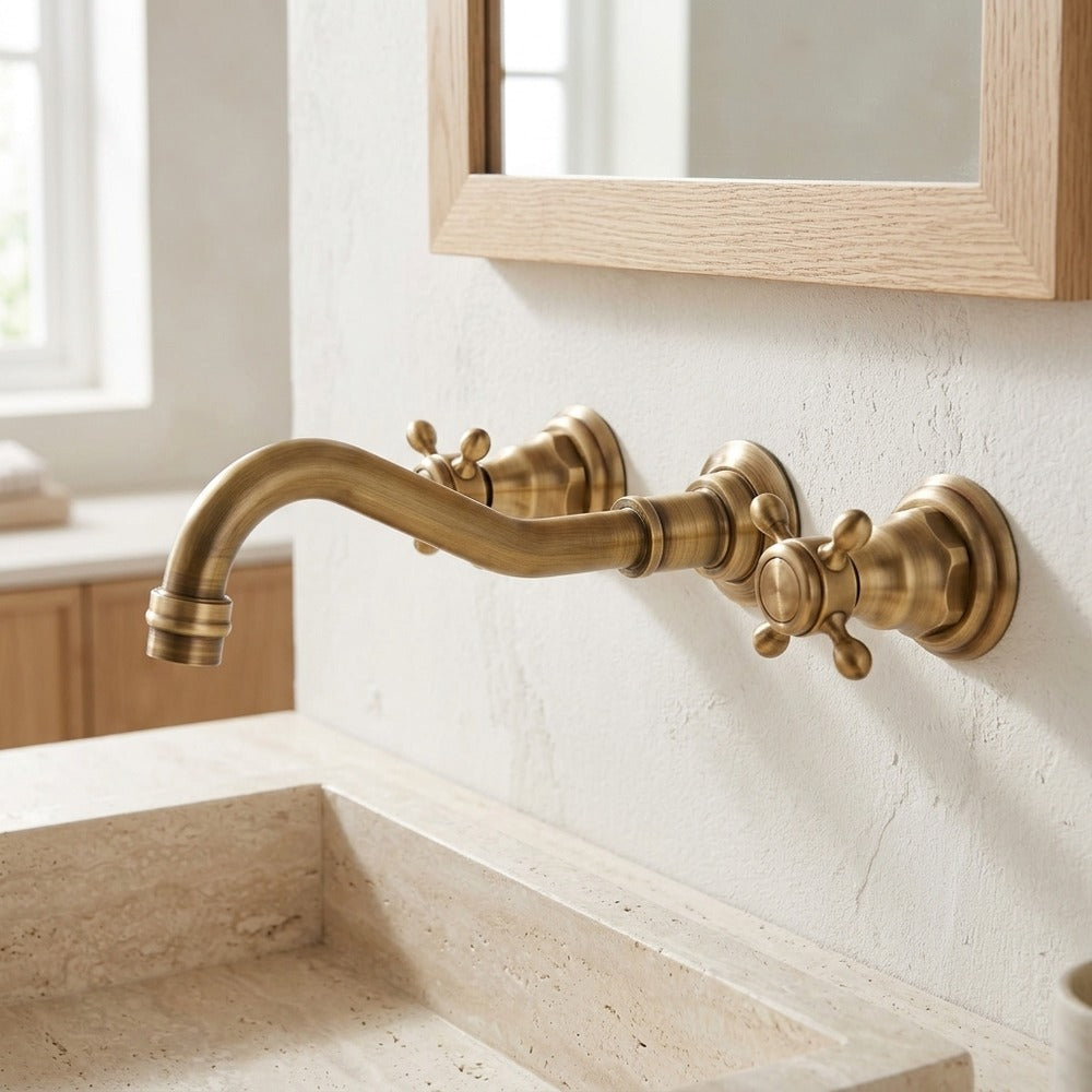 Lagomel wall-mount bathroom faucet in antique brass, matte black, chrome, matte white, set in a Traditional/Classic/Vintage/Retro bathroom