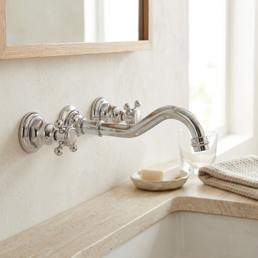 Lagomel wall-mount bathroom faucet, set in a Modern/Minimalist bathroom