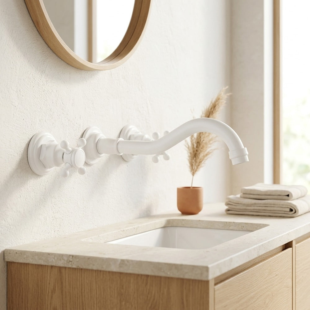 Lagomel wall-mount bathroom faucet, set in a Modern/Minimalist bathroom