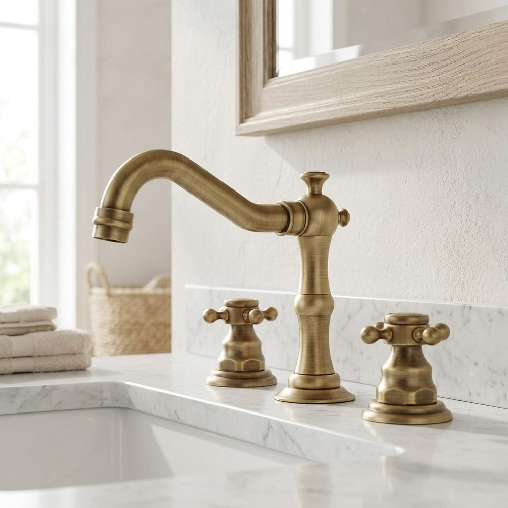 Lagomel widespread bathroom faucet in antique brass, set in a Traditional/Classic/Vintage/Retro bathroom