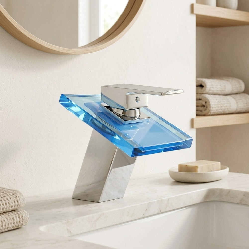 Lagomel waterfall single-hole bathroom faucet in chrome, set in a Modern/Contemporary bathroom