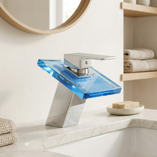 Lagomel waterfall single-hole bathroom faucet in chrome, set in a Modern/Contemporary bathroom