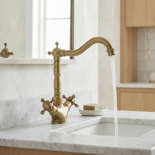 Lagomel single-hole bathroom faucet in antique brass, set in a Traditional/Classic/Vintage/Retro bathroom