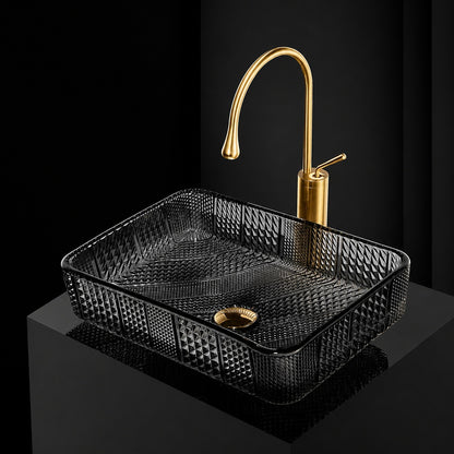 Contemporary Rectangular Tempered Glass Vessel Sink, Single-Handle Brushed Gold Faucet with Pop-Up Drain