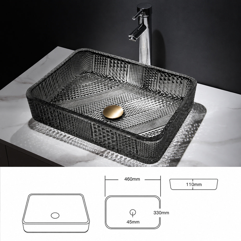 Contemporary Rectangular Tempered Glass Vessel Sink, Single-Handle Brushed Gold Faucet with Pop-Up Drain