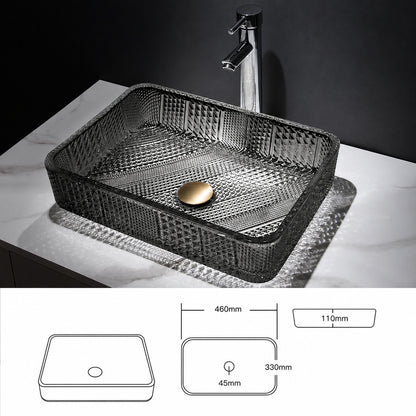 Contemporary Rectangular Tempered Glass Vessel Sink, Single-Handle Brushed Gold Faucet with Pop-Up Drain