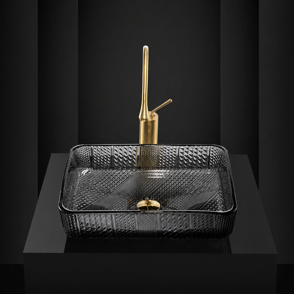 Contemporary Rectangular Tempered Glass Vessel Sink, Single-Handle Brushed Gold Faucet with Pop-Up Drain