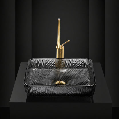 Contemporary Rectangular Tempered Glass Vessel Sink, Single-Handle Brushed Gold Faucet with Pop-Up Drain