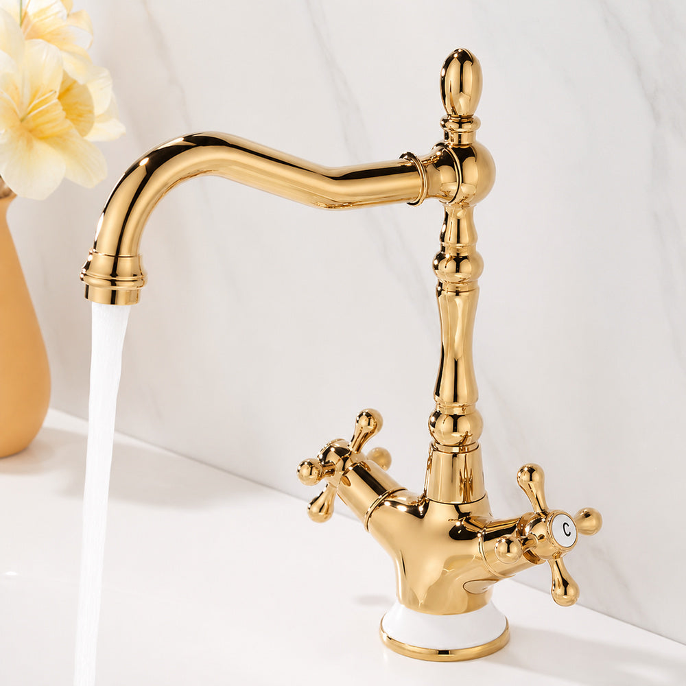 Traditional Brass Bathroom Faucet, Single-Hole Swivel Spout Faucet, Polished Gold / Chrome