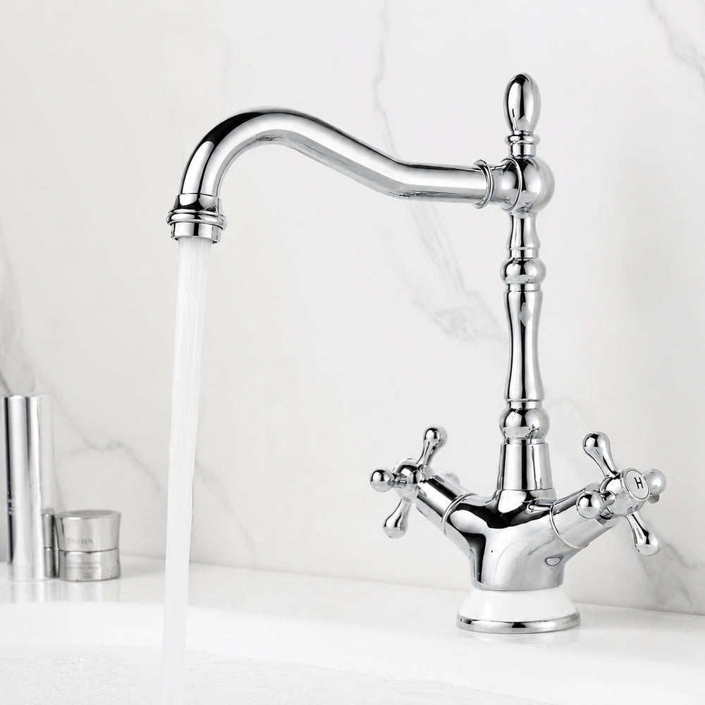 Traditional Brass Bathroom Faucet, Single-Hole Swivel Spout Faucet, Polished Gold / Chrome