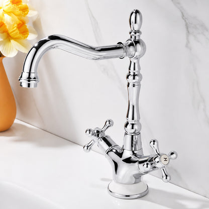 Traditional Brass Bathroom Faucet, Single-Hole Swivel Spout Faucet, Polished Gold / Chrome