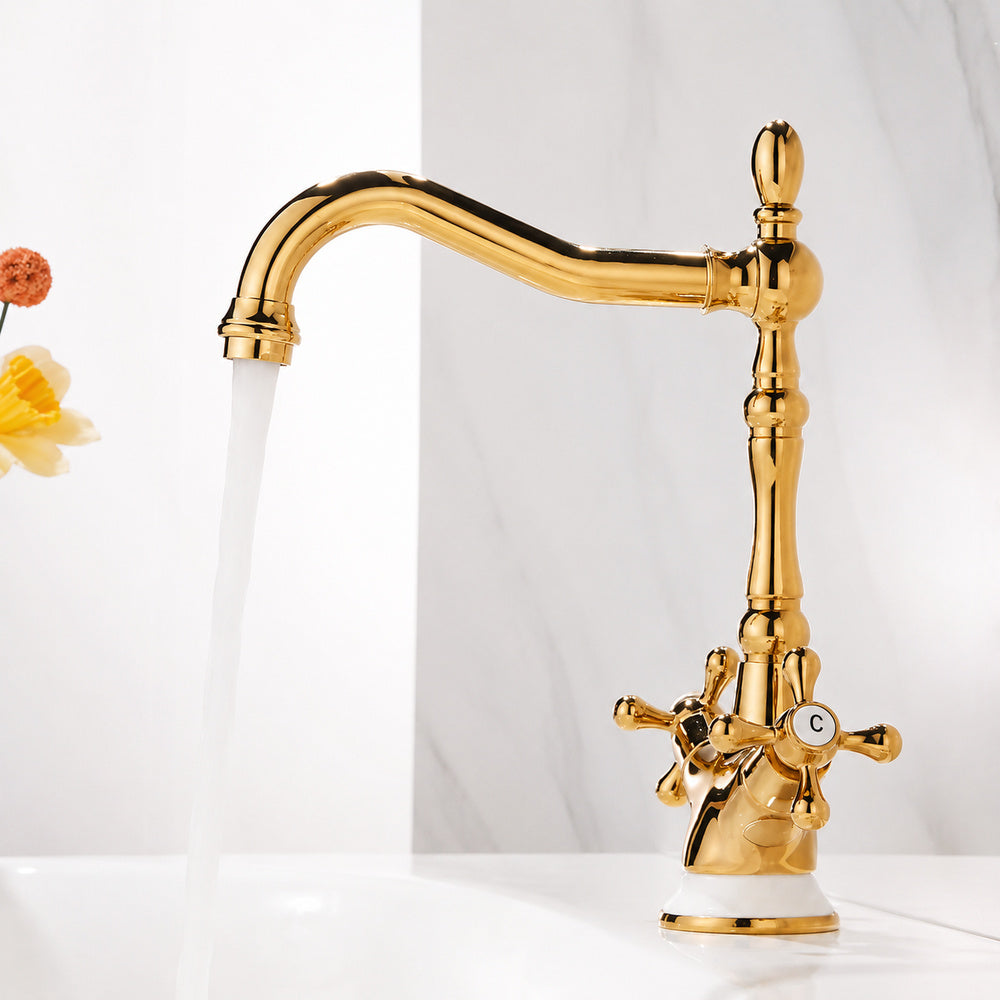 Traditional Brass Bathroom Faucet, Single-Hole Swivel Spout Faucet, Polished Gold / Chrome