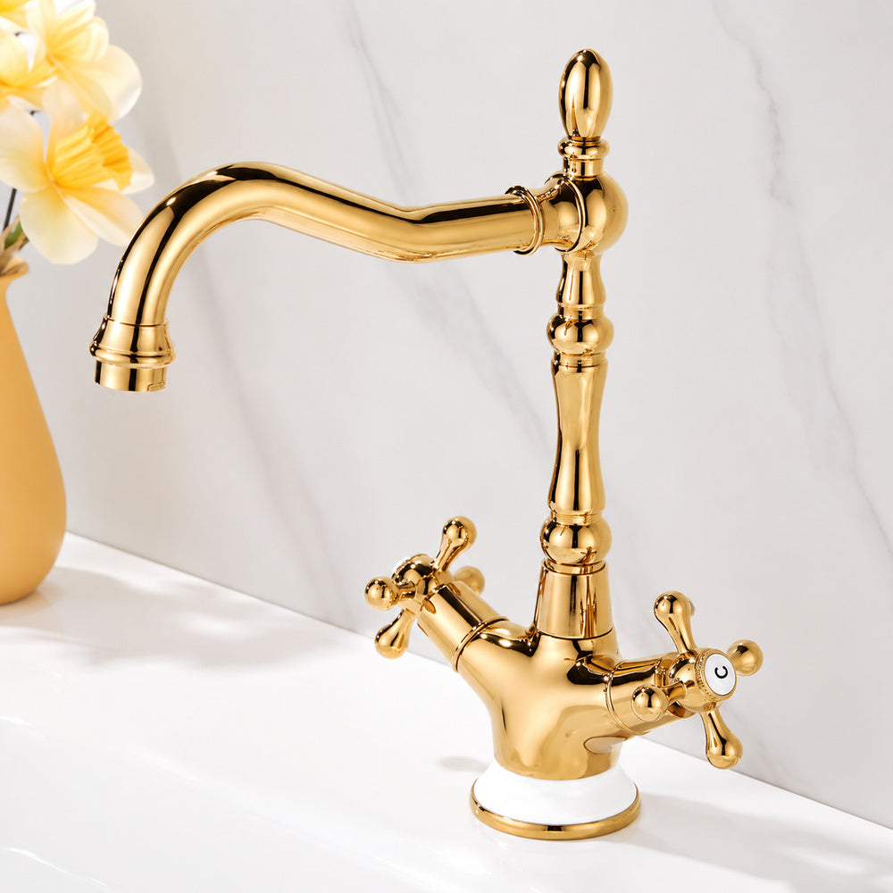 Traditional Brass Bathroom Faucet, Single-Hole Swivel Spout Faucet, Polished Gold / Chrome