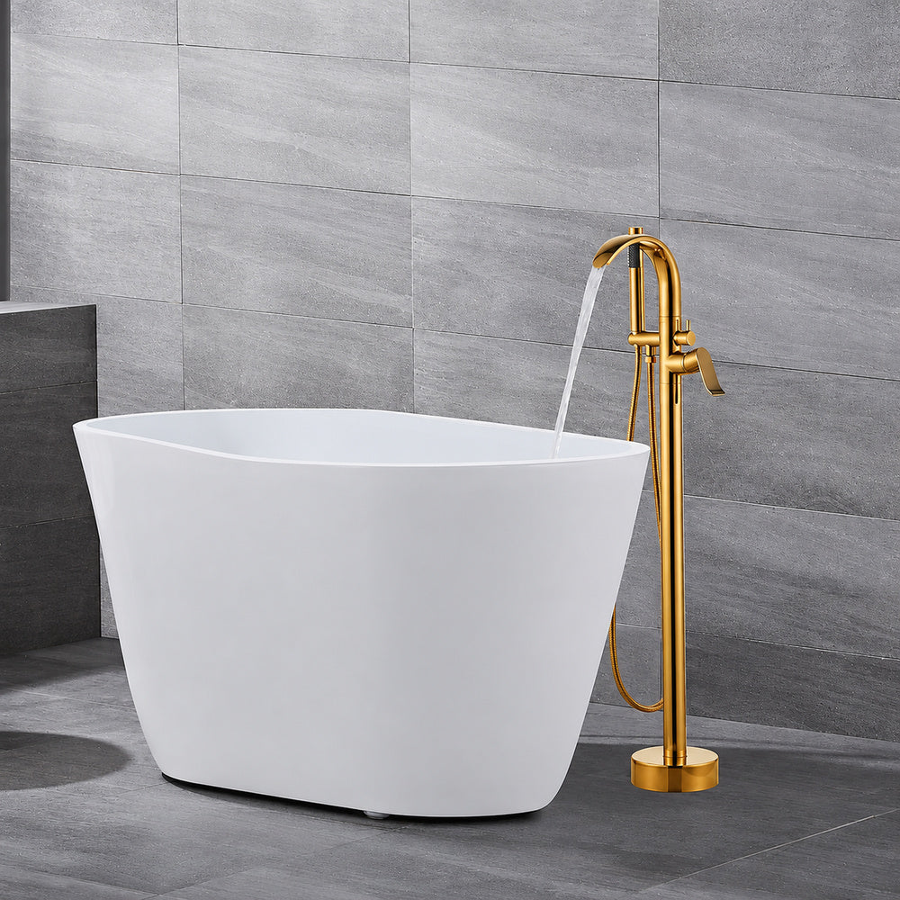 Brushed Gold Freestanding Tub Filler, Single-Handle Brass Faucet with Handheld Shower
