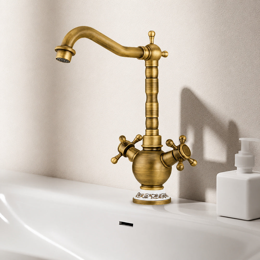 Vintage Rotatable Spout Bathroom Faucet, Single-Hole Dual-Handle Faucet, Antique Brass / Gold