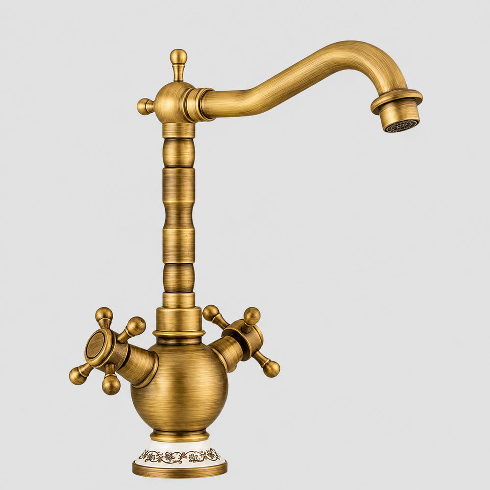 Vintage Rotatable Spout Bathroom Faucet, Single-Hole Dual-Handle Faucet, Antique Brass / Gold