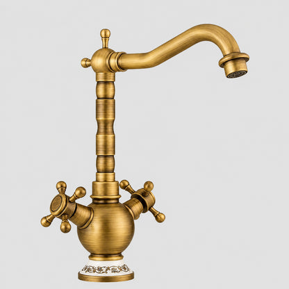 Vintage Rotatable Spout Bathroom Faucet, Single-Hole Dual-Handle Faucet, Antique Brass / Gold
