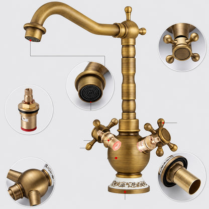 Vintage Rotatable Spout Bathroom Faucet, Single-Hole Dual-Handle Faucet, Antique Brass / Gold