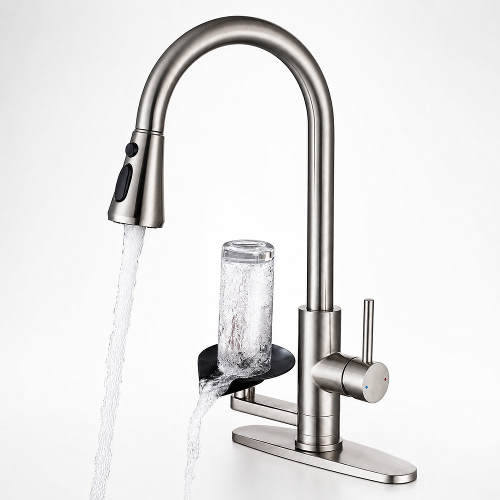 Pull-Down Kitchen Faucet with Integrated Glass Rinser, Single-Handle High Arc Spout Faucet, Brushed Nickel / Chrome / Brushed Gold / Gunmetal
