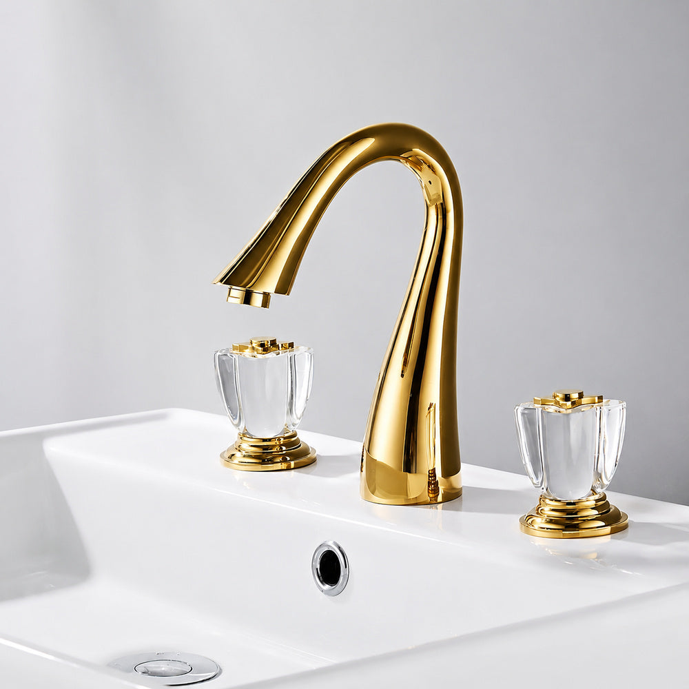 Polished Gold Modern Widespread Bathroom Faucet, Double Crystal Handle 3-Hole Faucet with High Arc Spout
