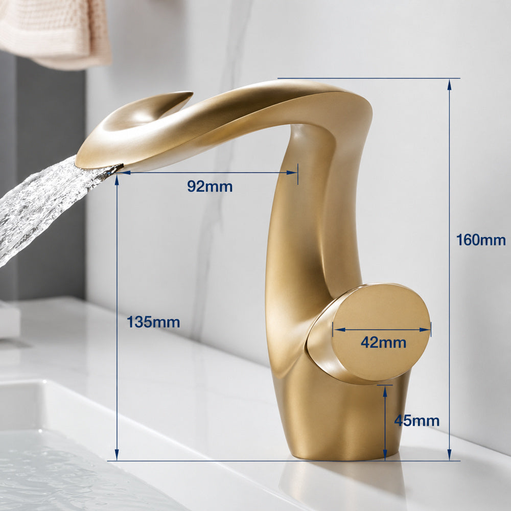 Waterfall Single-Hole Bathroom Faucet, Single-Handle Brass Deck Mount Faucet, Brushed Gold / Chrome / Matte Black / Matte White