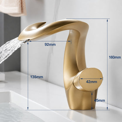 Waterfall Single-Hole Bathroom Faucet, Single-Handle Brass Deck Mount Faucet, Brushed Gold / Chrome / Matte Black / Matte White