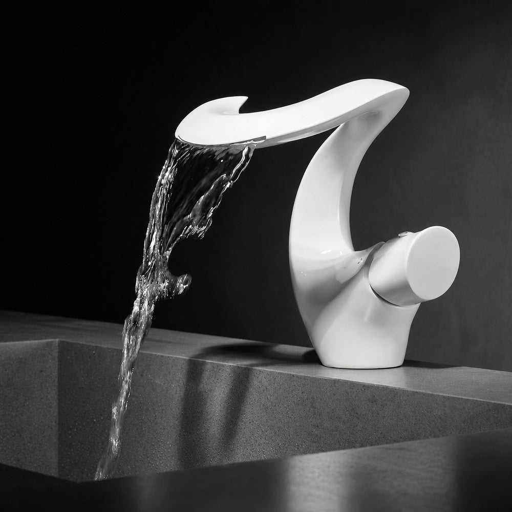 Waterfall Single-Hole Bathroom Faucet, Single-Handle Brass Deck Mount Faucet, Brushed Gold / Chrome / Matte Black / Matte White