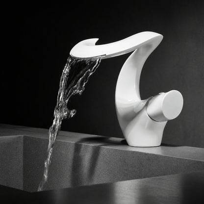 Waterfall Single-Hole Bathroom Faucet, Single-Handle Brass Deck Mount Faucet, Brushed Gold / Chrome / Matte Black / Matte White
