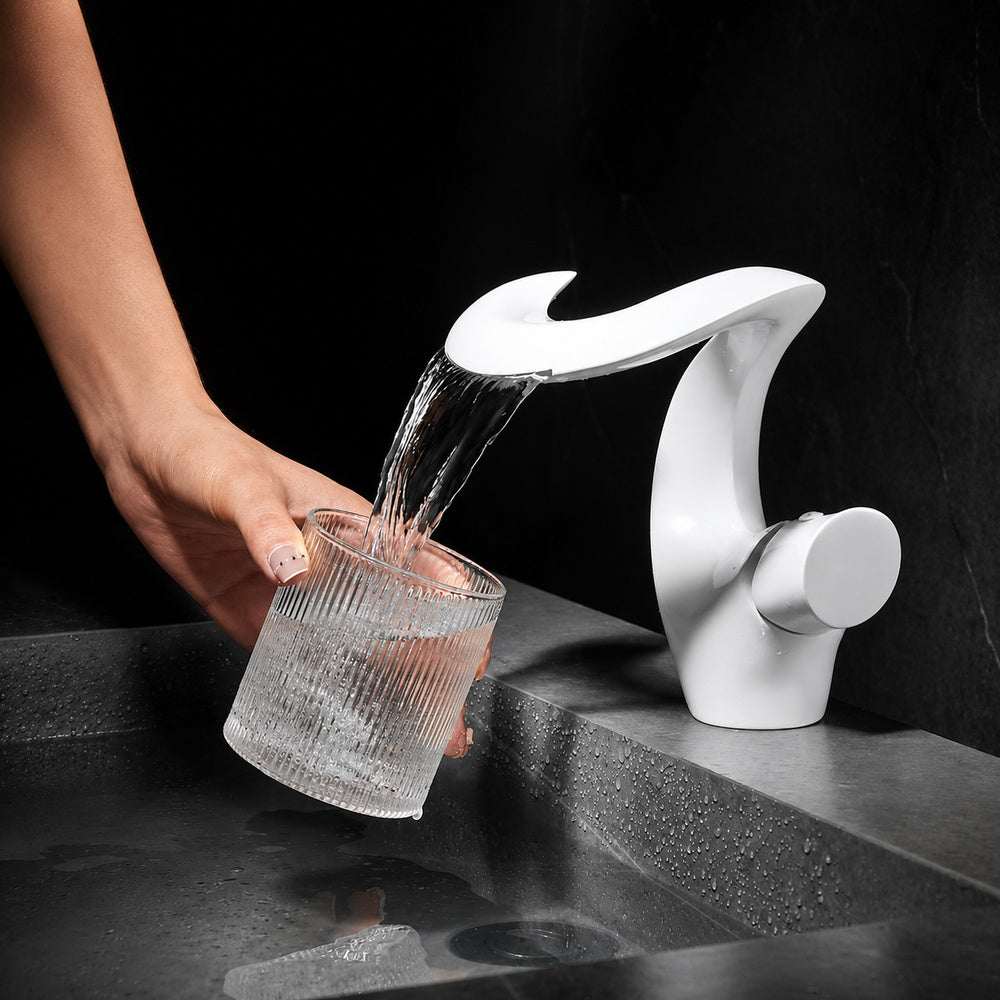 Waterfall Single-Hole Bathroom Faucet, Single-Handle Brass Deck Mount Faucet, Brushed Gold / Chrome / Matte Black / Matte White